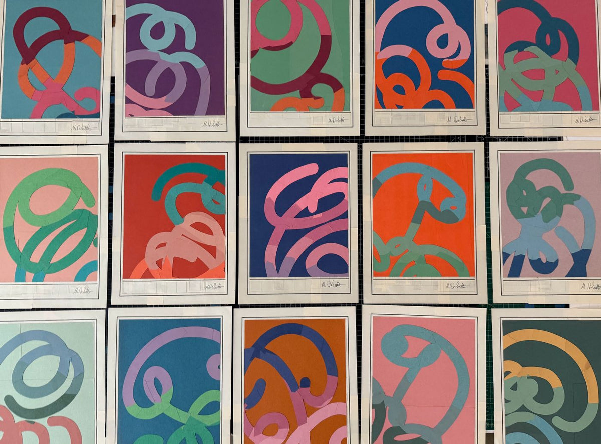 Grid of fifteen abstract prints featuring colorful interlocking curved lines