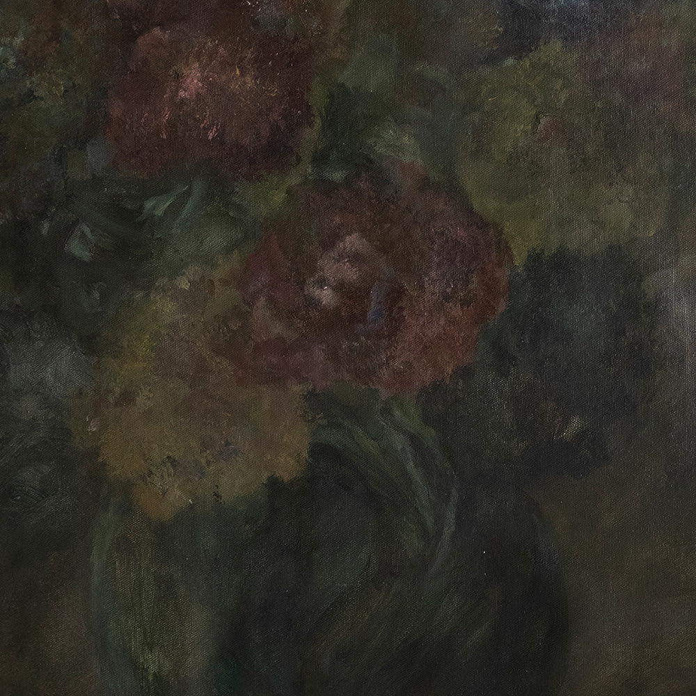 Close-up of A Dark Vase 01 painting showing dark red and yellow flowers in a dark vase
