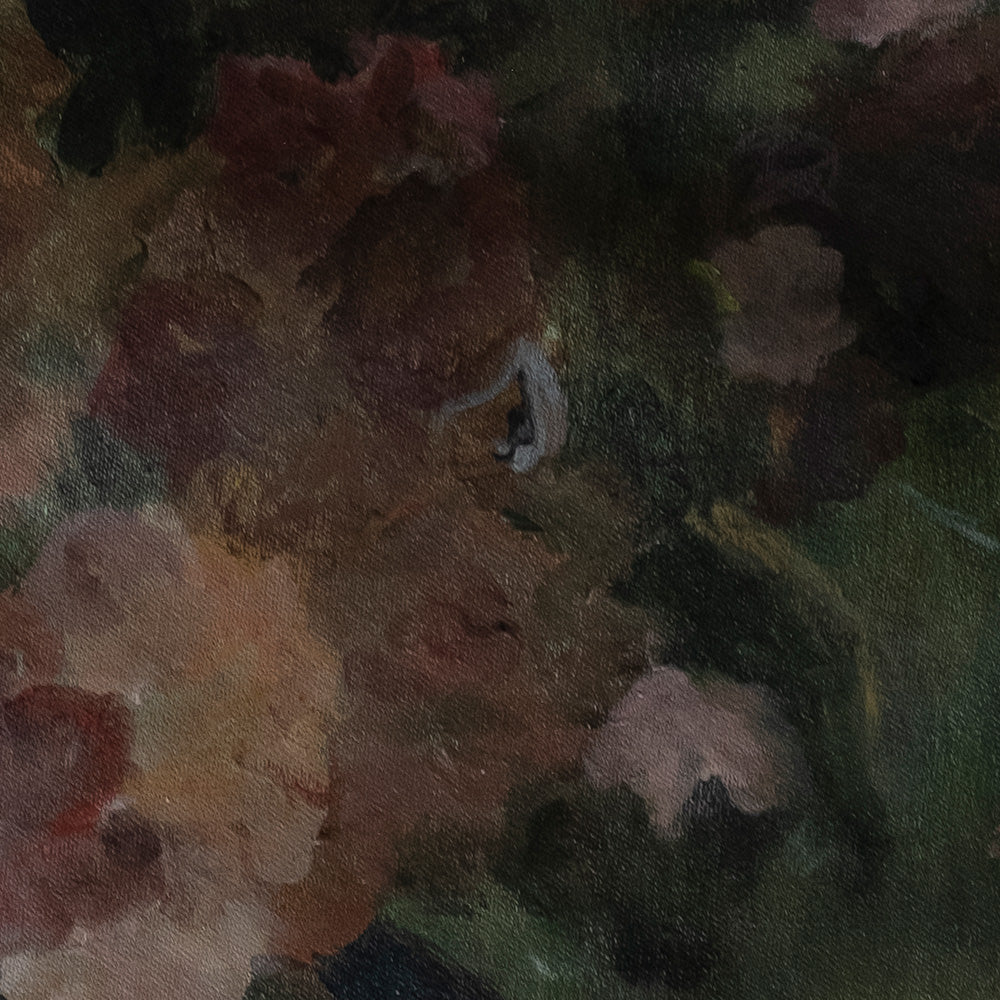 Close-up of a painting showing dark red and pink flowers with green leaves in a painterly style