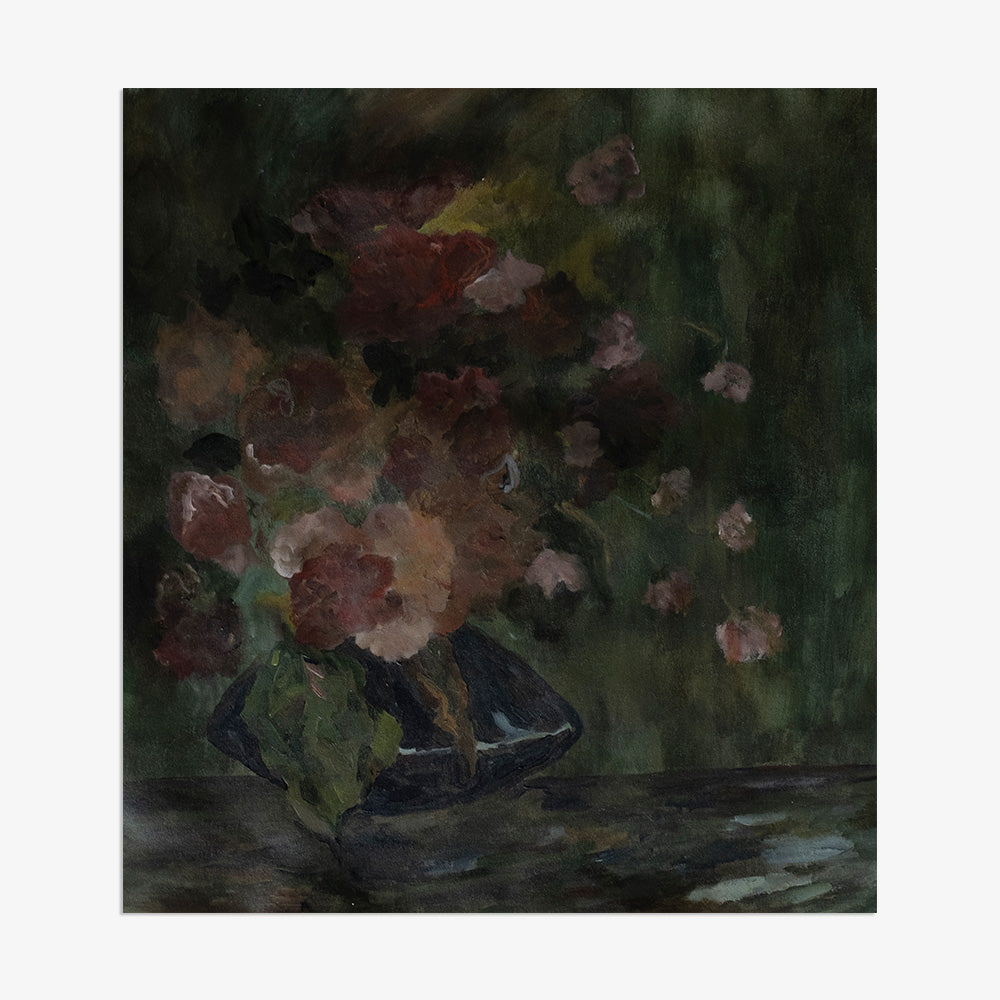 Painting of deep red and pink flowers in a dark vase with a dark green background unframed