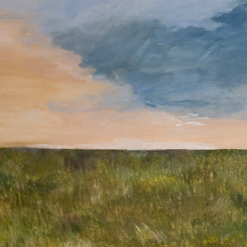 Abstract painting A Field at Sunset showing a golden sky with dark gray and white clouds over green grass
