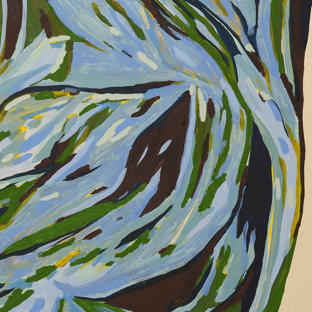 Abstract painting titled A Floating Sensation featuring expressive brushstrokes of blue green and dark brown