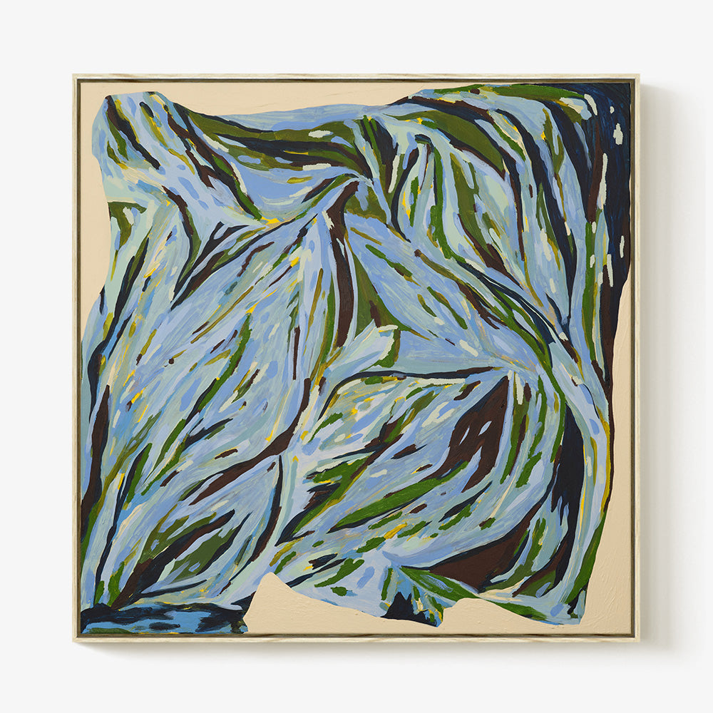 Abstract square painting on cream background featuring textured sweeping brushstrokes in shades of blue and green