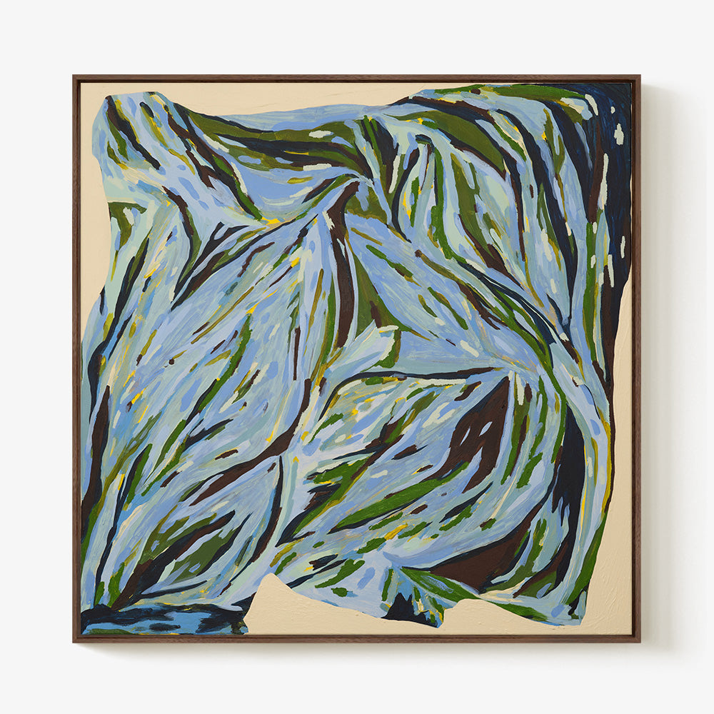 Abstract square painting in a dark wooden frame with layered light blue dark blue and forest green brushwork