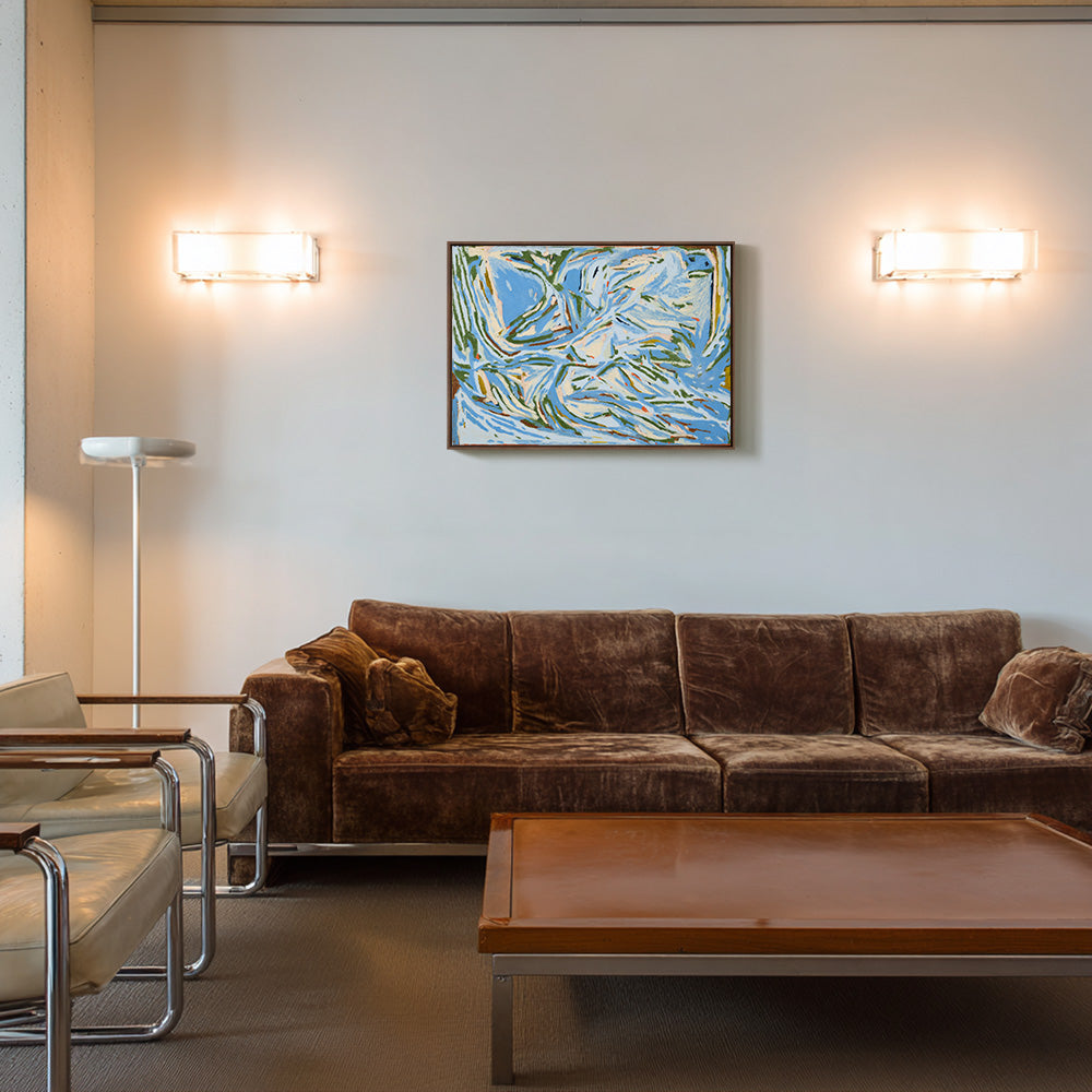 Abstract painting A Thicket by Codie OConnor hanging above a brown velvet sofa in a modern living room