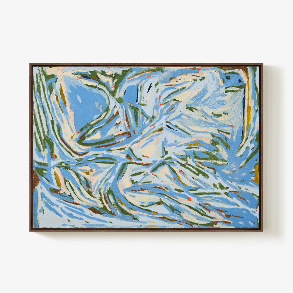 Abstract painting A Thicket by Codie OConnor with blue green and white strokes creating a tangled look