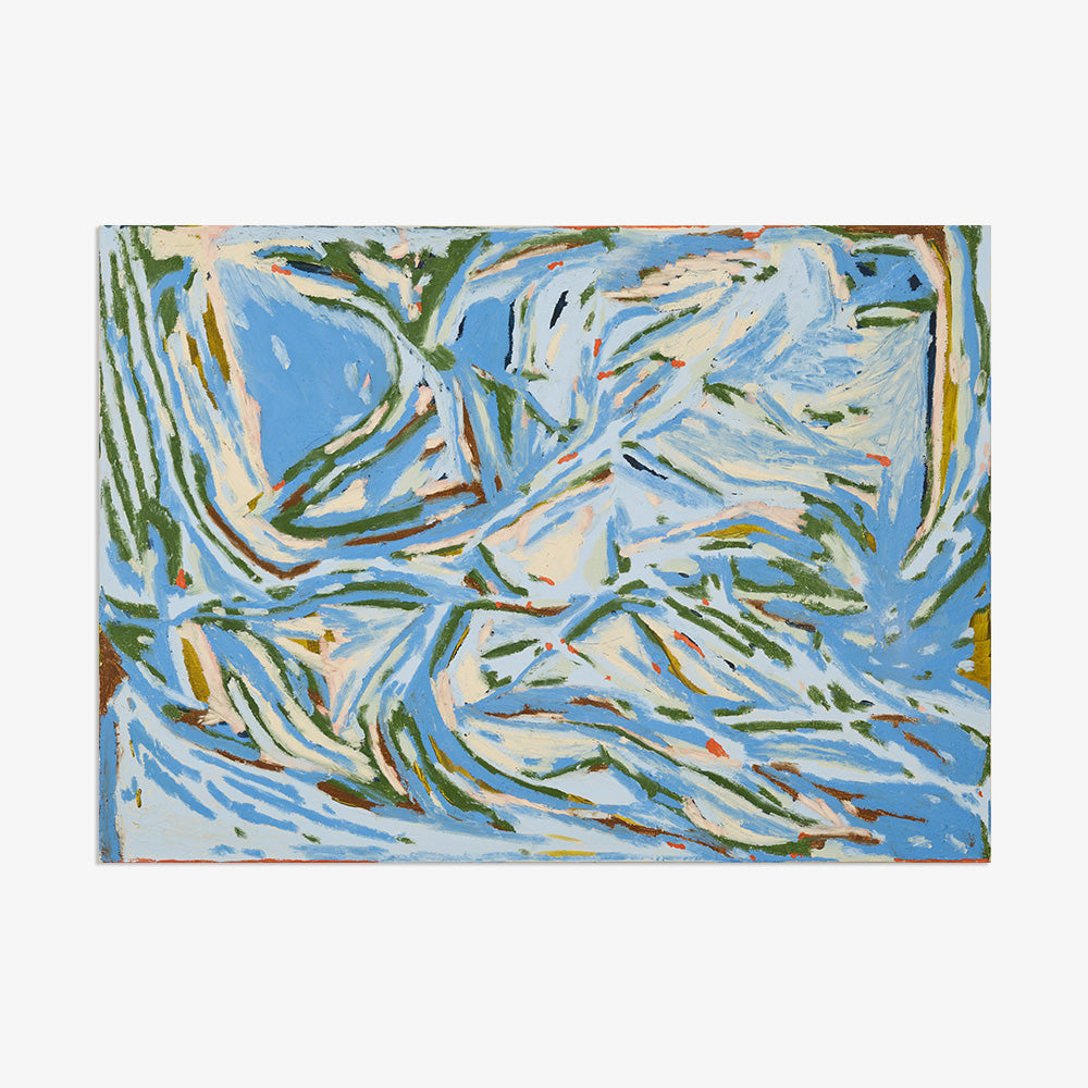 Abstract oil painting titled A Thicket by Codie OConnor with light blue olive green cream and brown strokes