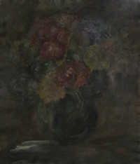 Dark floral painting featuring deep red and brown flower tones in a minimalist style