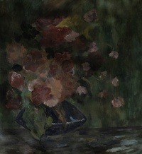 Oil painting of dark red flowers in a blue bowl set against a dark green moody background