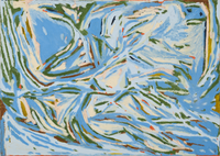 Abstract painting with swirling brushstrokes in shades of light blue forest green and hints of orange