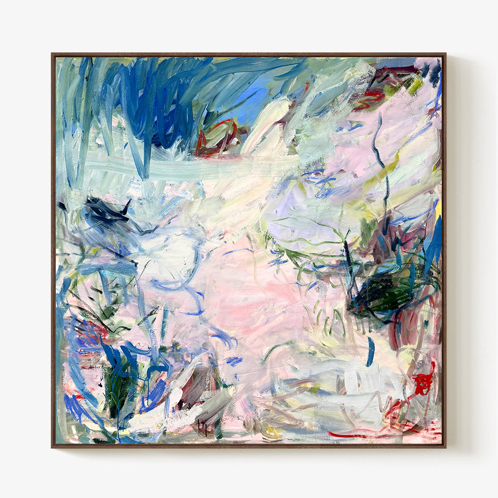 Abstract expressionist painting featuring layered blue and pink brushstrokes inside a dark wood frame