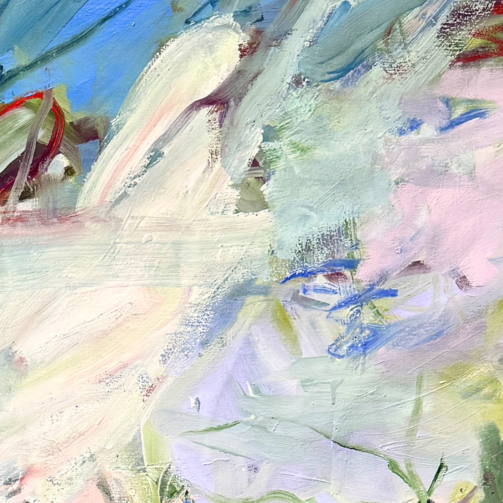 Detail view of an abstract painting showcasing thick white blue and light pink paint application