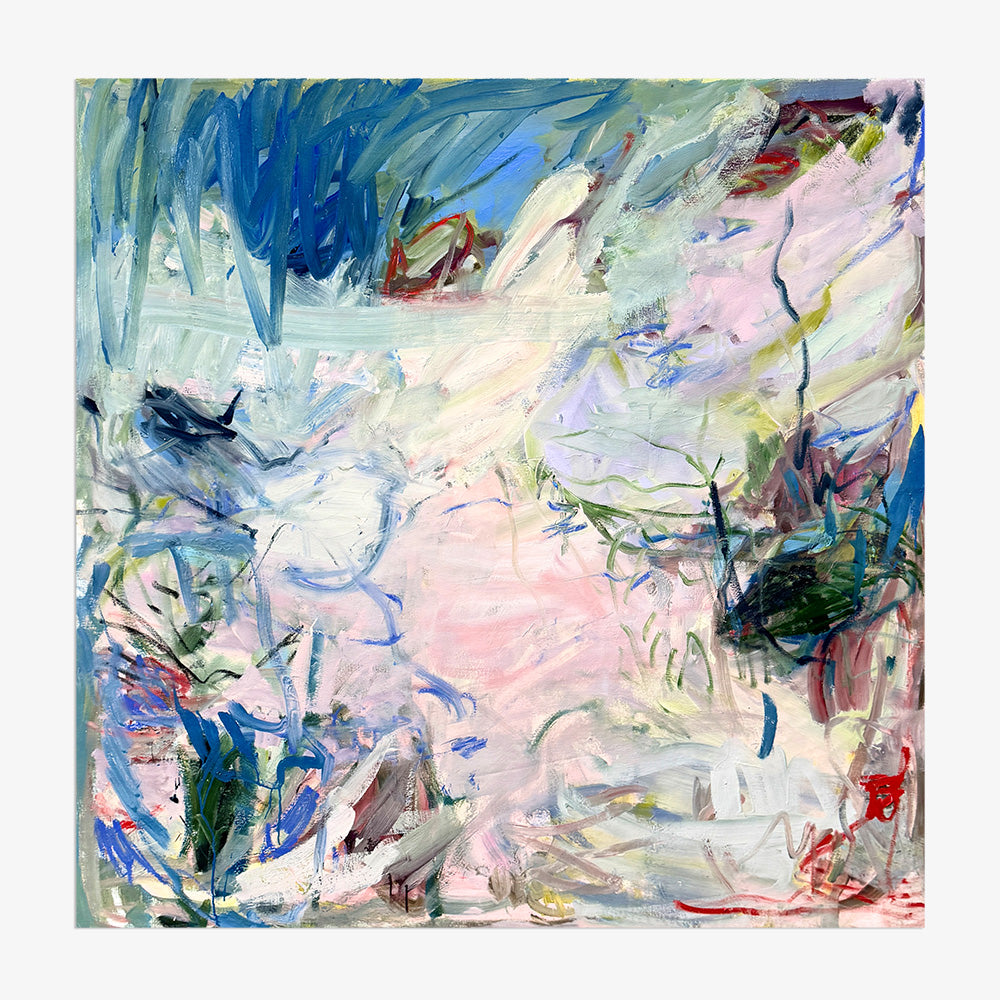 Abstract painting by Petra Schott featuring energetic expressive brushstrokes in shades of blue pink and white