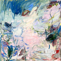 Abstract painting by Petra Schott featuring energetic expressive brushstrokes in shades of blue pink and white