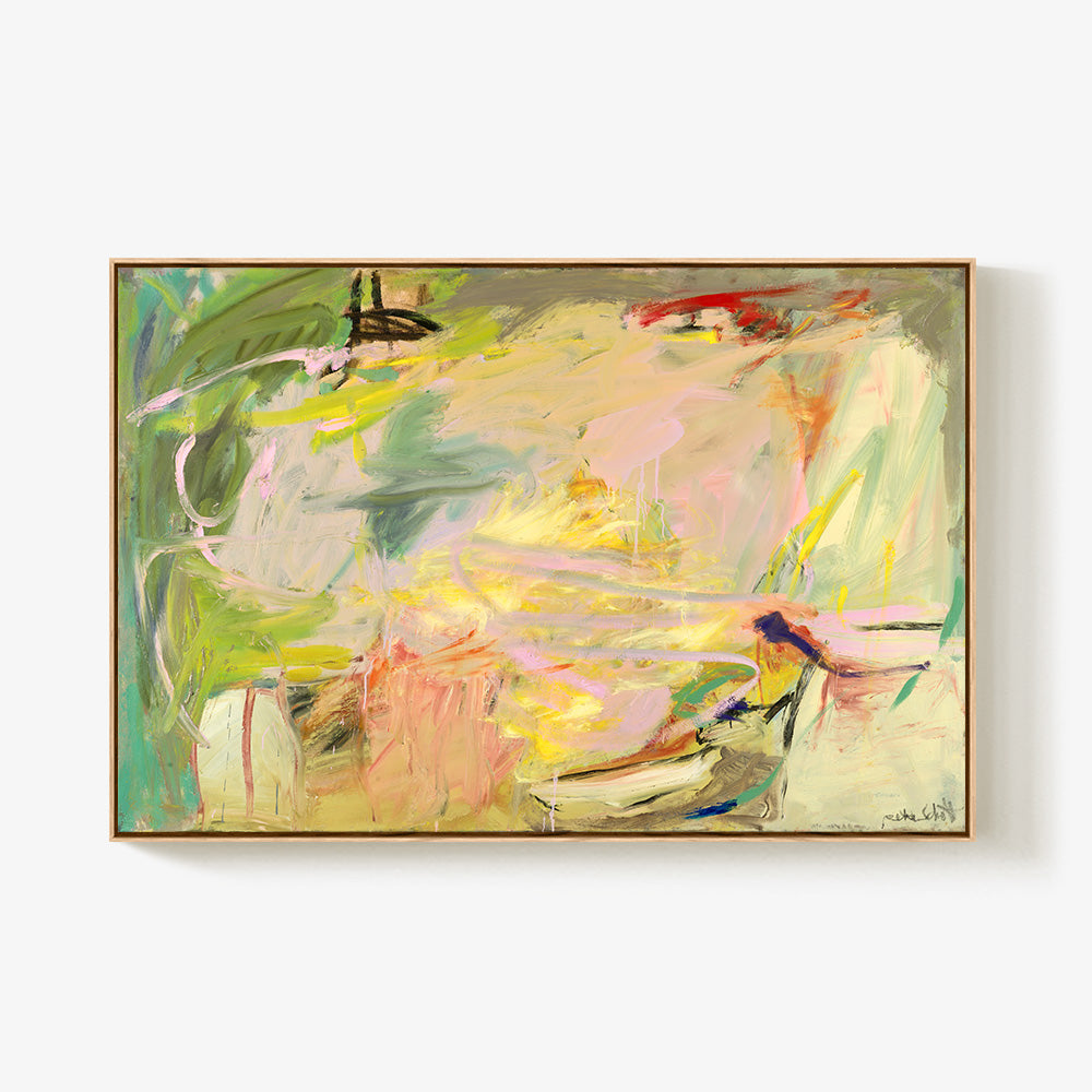 Framed landscape-oriented abstract painting with vibrant strokes of yellow pink and green on a neutral background