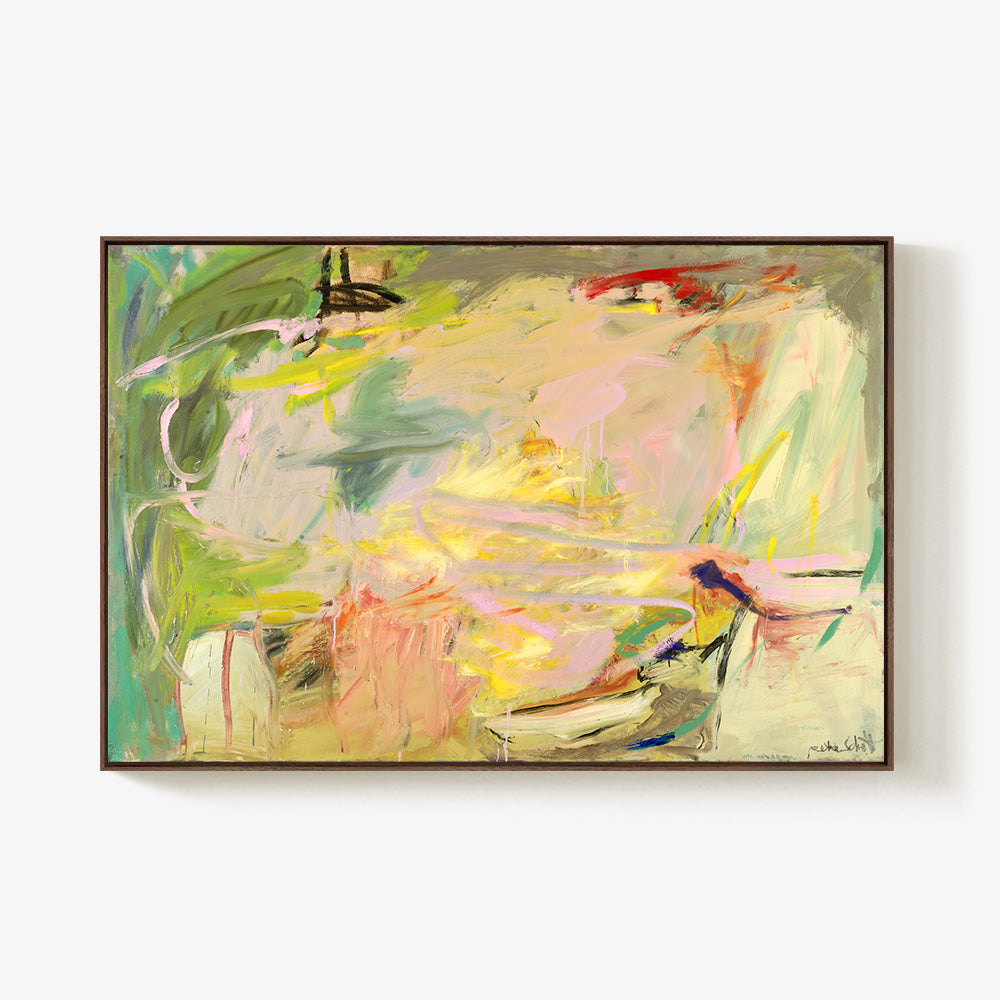 Abstract expressionist painting featuring loose gestural brushstrokes in green pink yellow and red