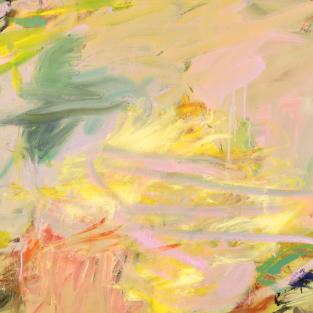 Close-up detail of an abstract painting showing layered brushstrokes in soft green pink and yellow