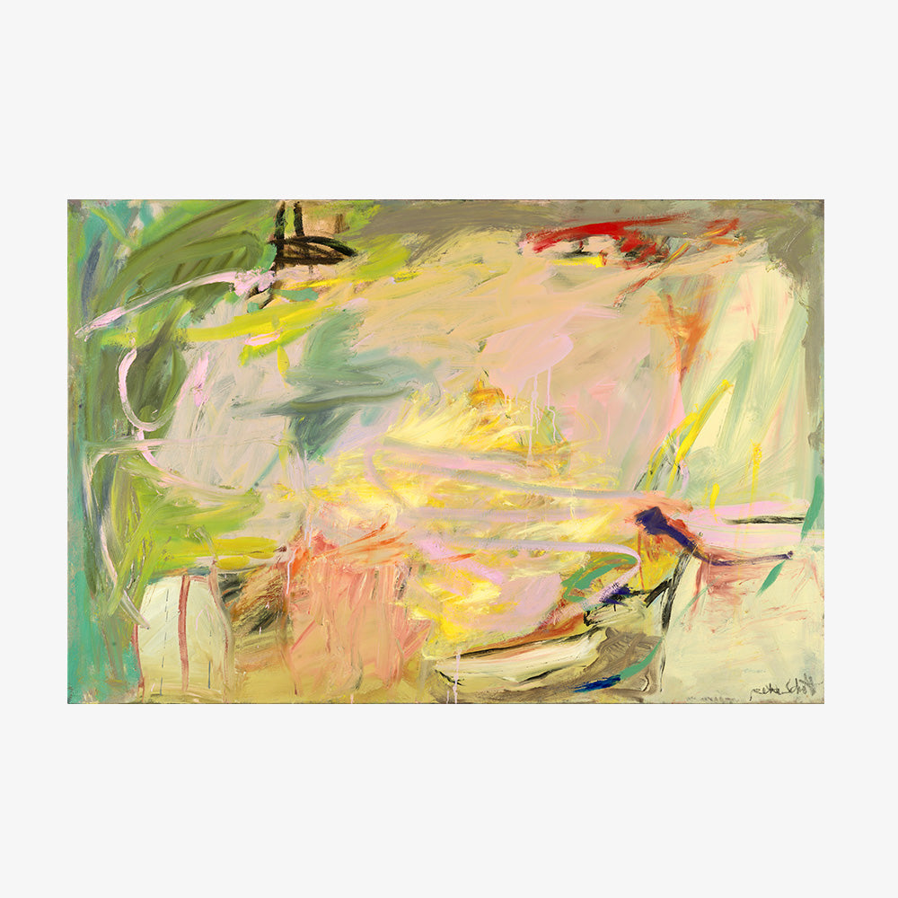 Horizontal abstract painting with organic gestural brushstrokes in warm and cool tones against a light background