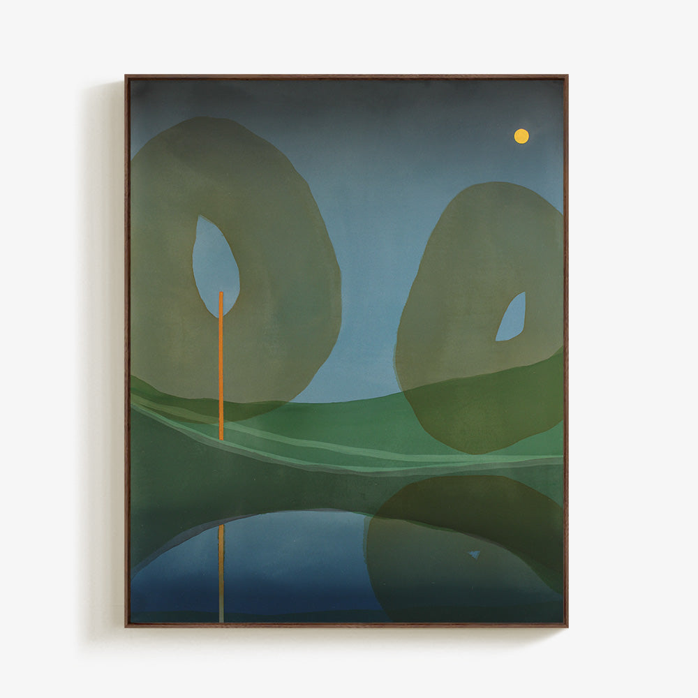 Abstract painting with organic green forms a thin orange line and a small golden sun in a dark frame
