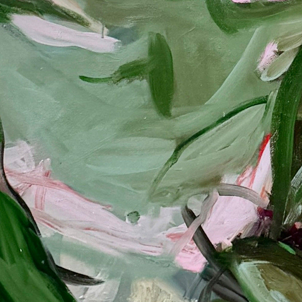 Close-up detail of an abstract painting showing thick expressive green and white paint strokes on a light background