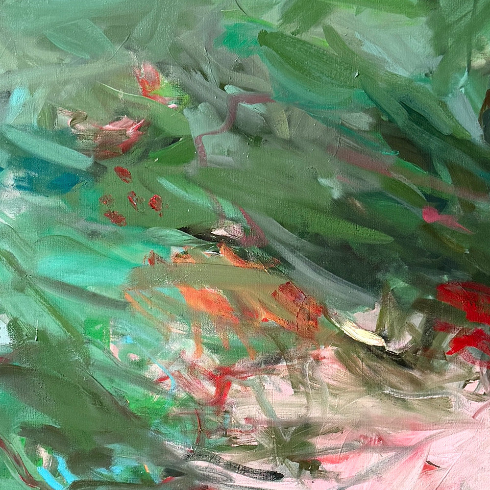 Close-up of an abstract painting with textured green teal and pink paint strokes on a light background