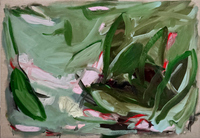 Abstract painting showcasing vibrant layered green and deep red brushwork against a neutral textural background
