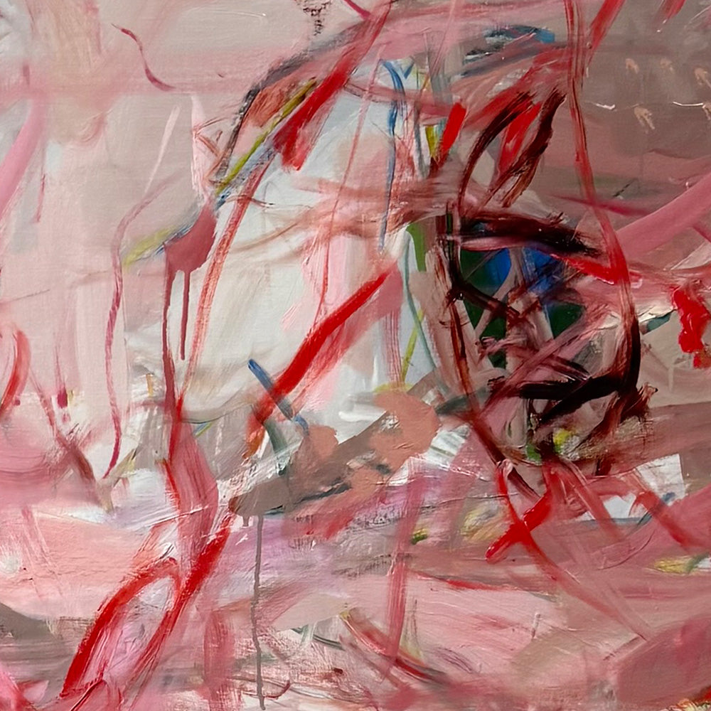 Abstract painting by Petra Schott featuring energetic expressive brushstrokes in shades of pink red and grey
