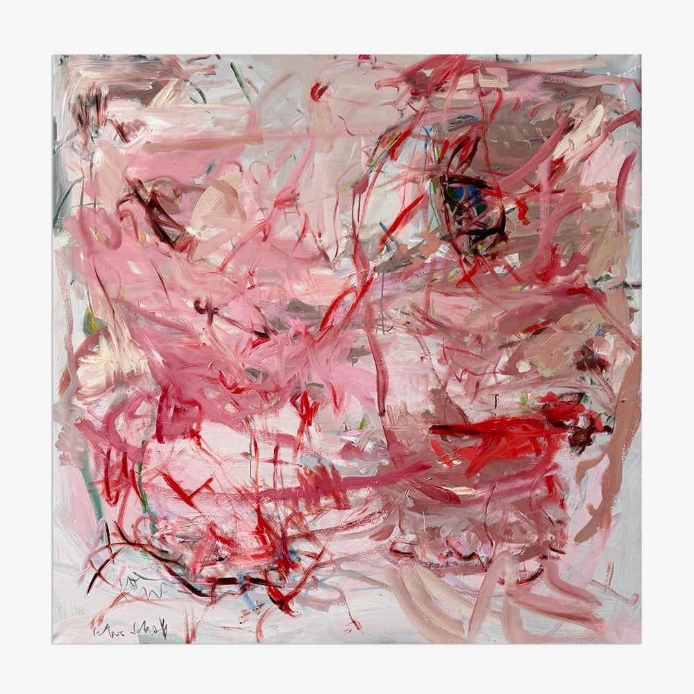 Square abstract painting with flowing gestural strokes in soft pink white deep red and dark grey tones