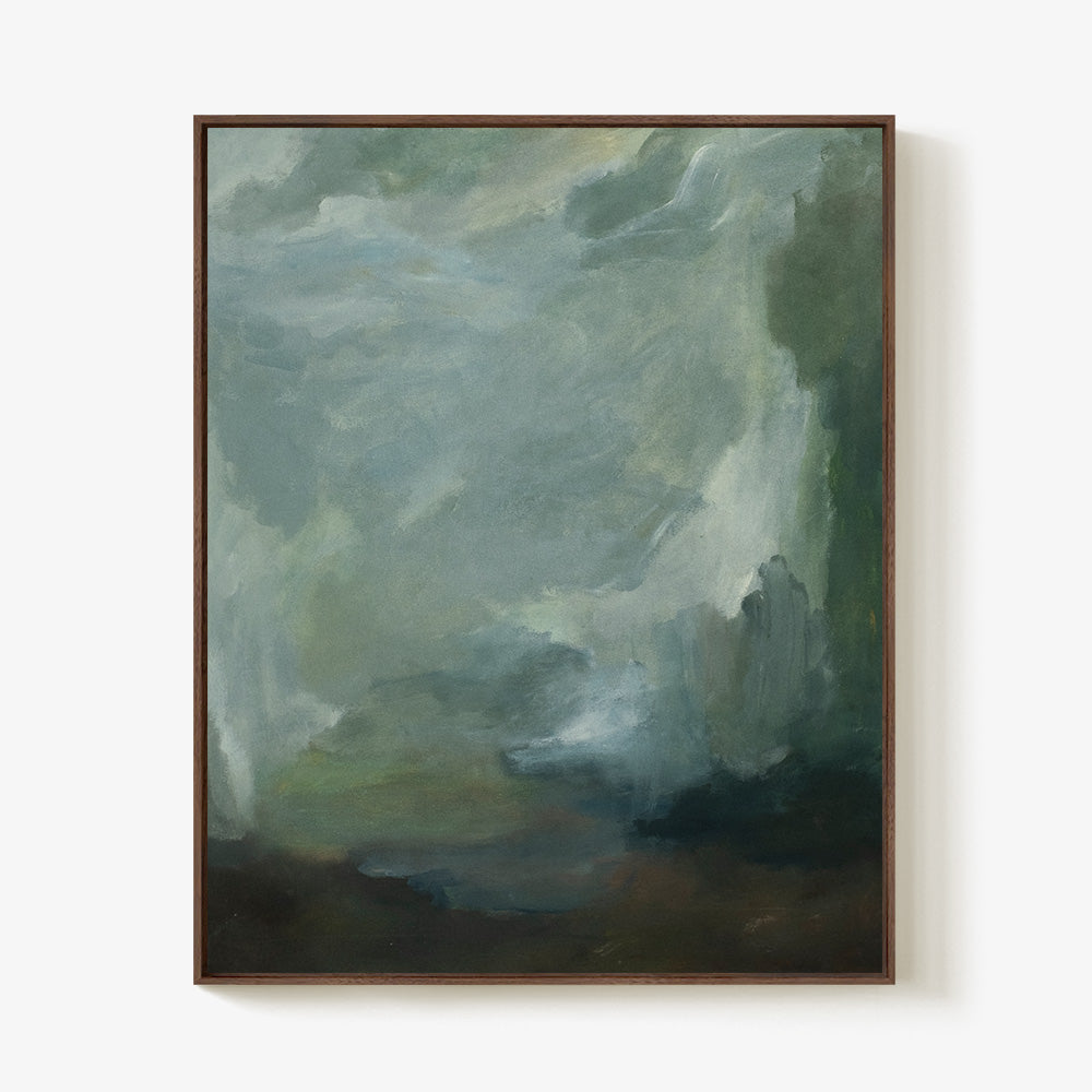 Vertical abstract painting with swirling blues greens and browns framed in dark wood against a white wall
