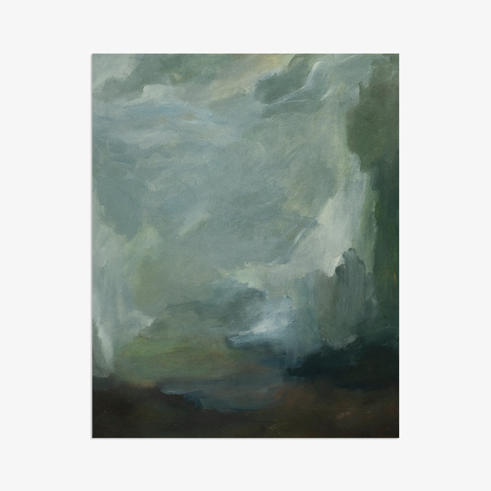 Vertical abstract painting with swirling blues greens and browns unframed against a light grey background