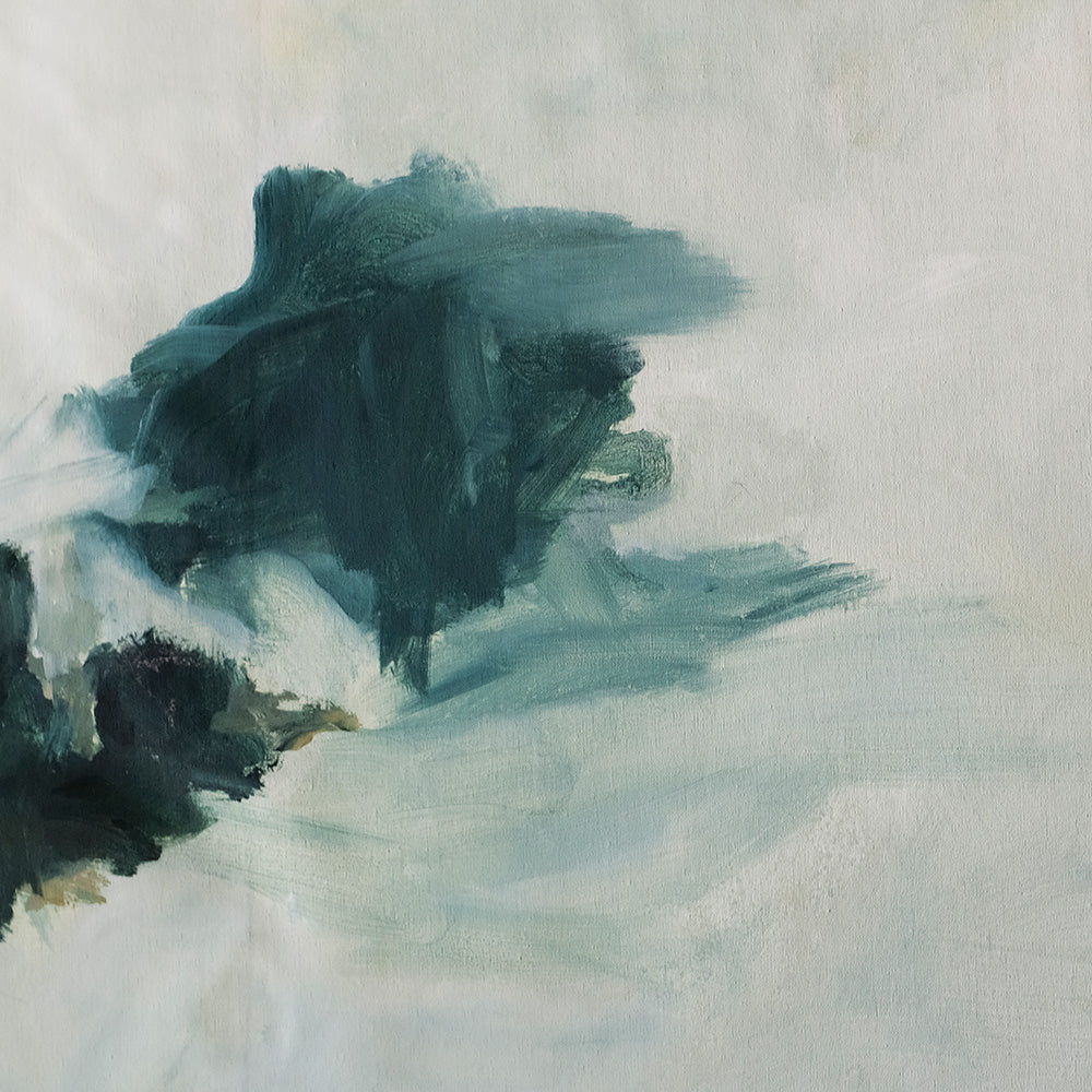 Close-up of the abstract painting Coastal Blues 03 showing dark blue light blue and green brushstrokes on white