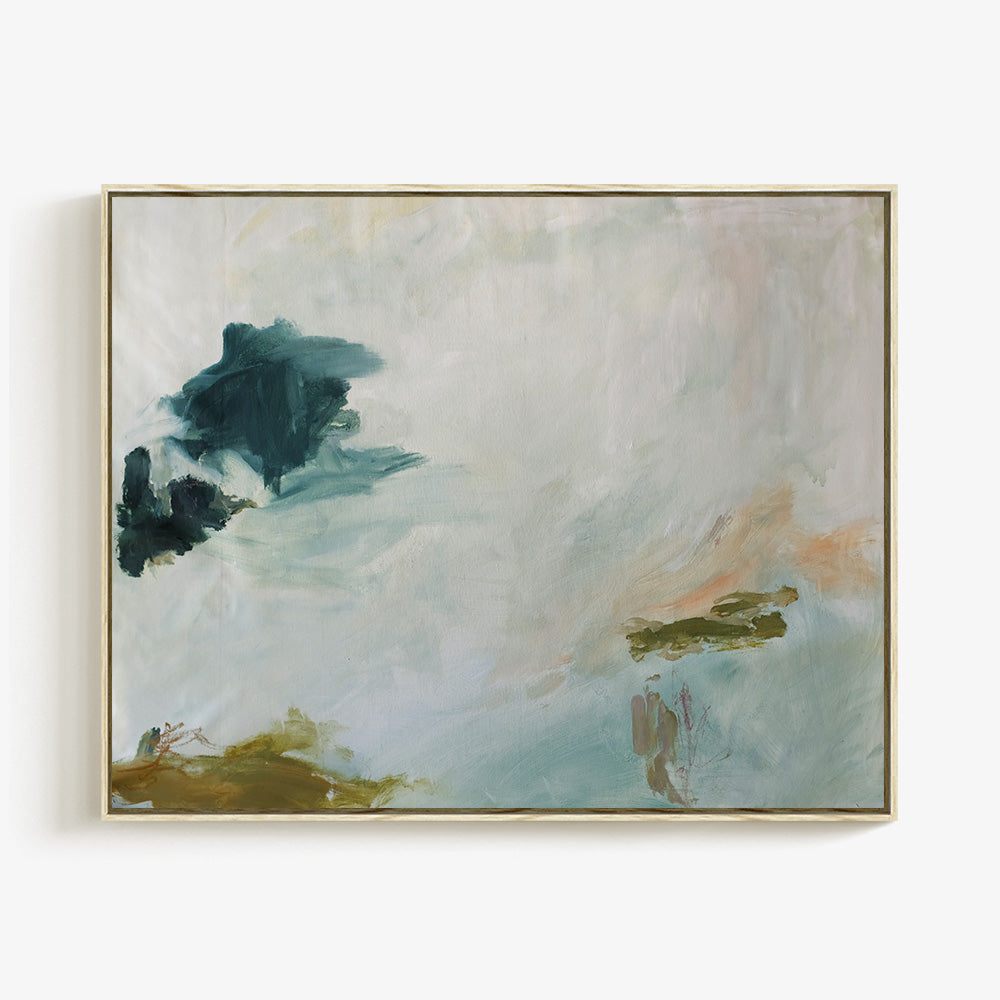 Abstract painting titled Coastal Blues 03 in a light wood frame featuring blue green and peach brushstrokes on a white