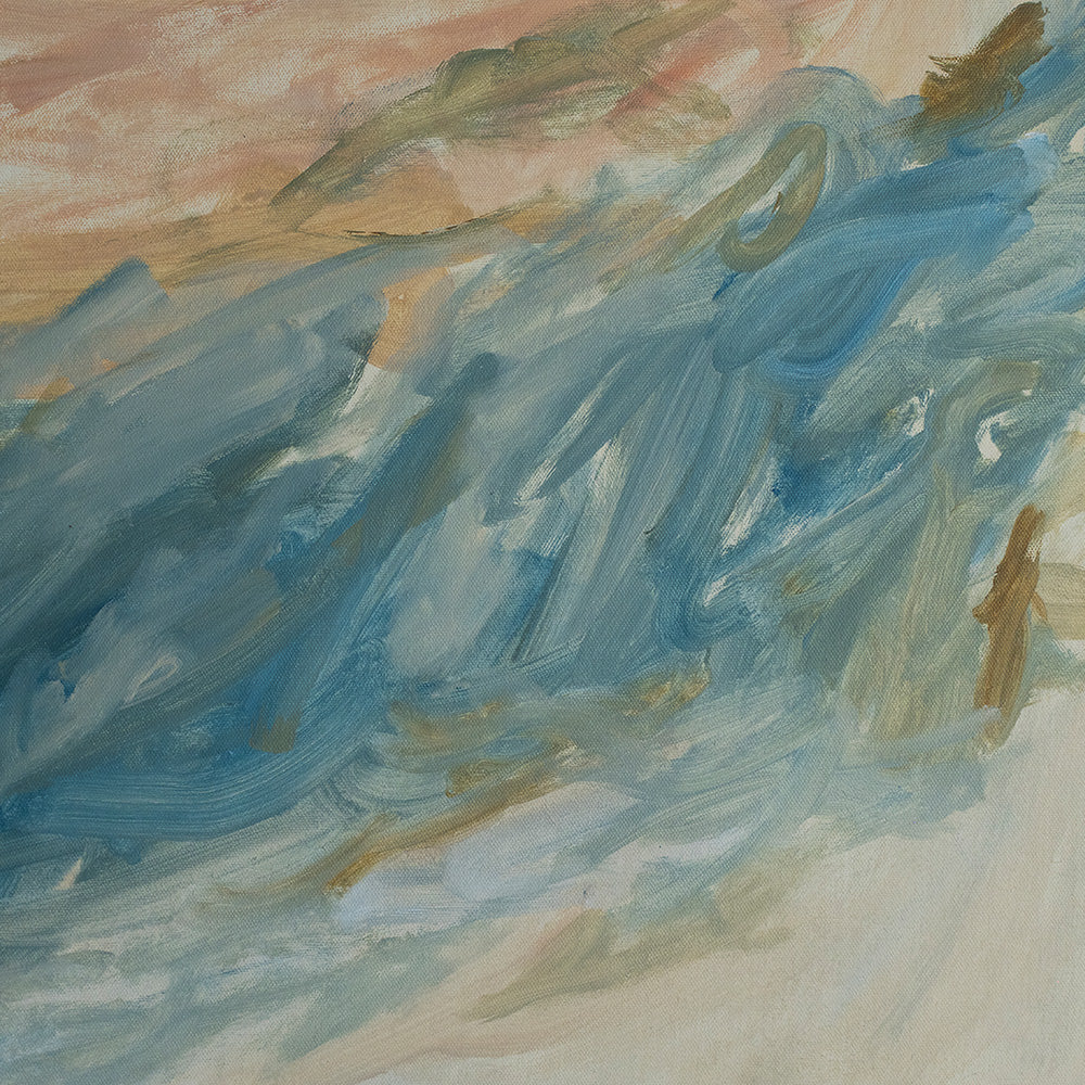 Close-up of Coastal Blues 04 abstract painting Features bold strokes of blue beige and light pink paint