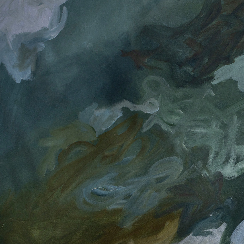 Close-up of Coastal Blues 05 painting showing detailed swirling patterns in blue green and brown tones