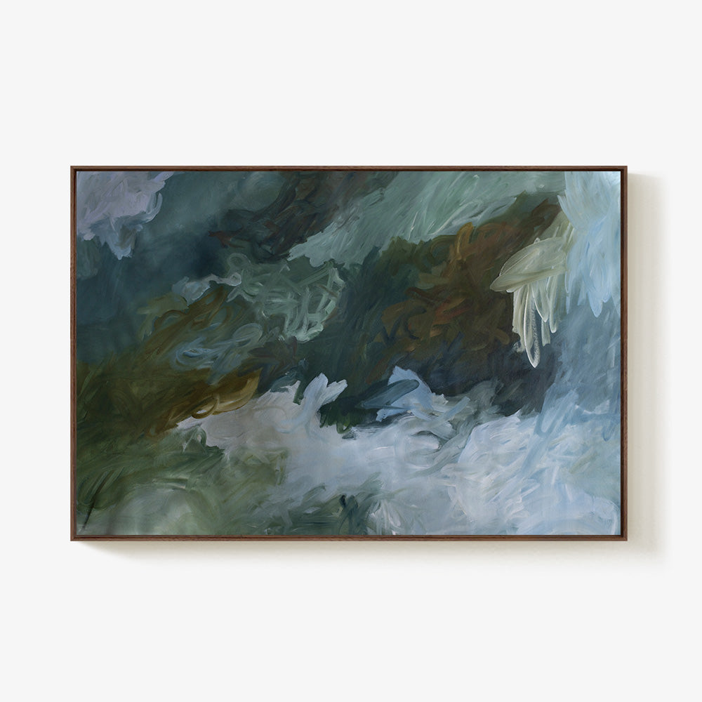 Abstract painting with swirling brushstrokes in various shades of blue green brown and white