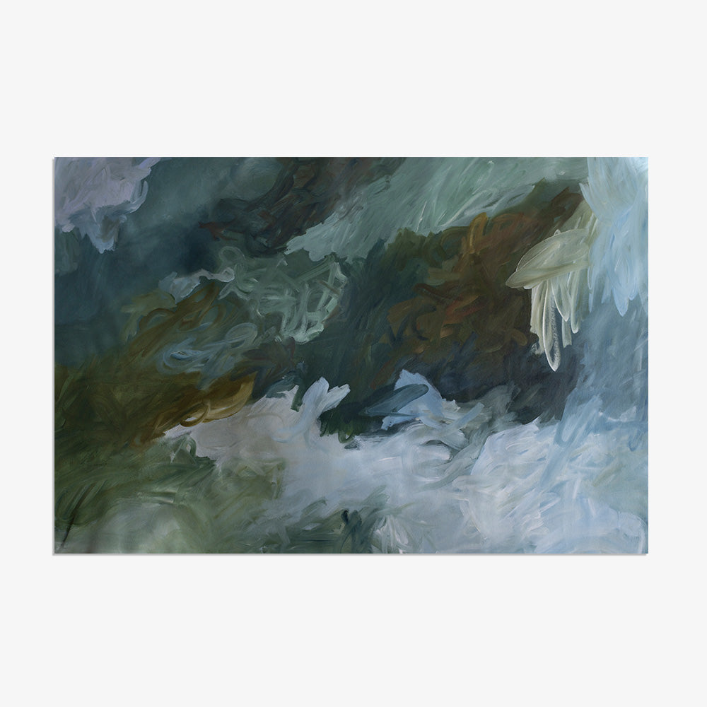 Frameless abstract painting Coastal Blues 05 featuring swirling blue green and brown brushstrokes