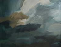 Close-up of an abstract painting with rich moody strokes of deep blue charcoal and soft sand-colored highlights
