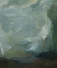 Textured abstract artwork showing blended layers of deep green stormy blue and soft grey paint