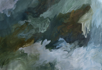 Abstract artwork showing swirling textured layers of deep teal navy and soft green paint