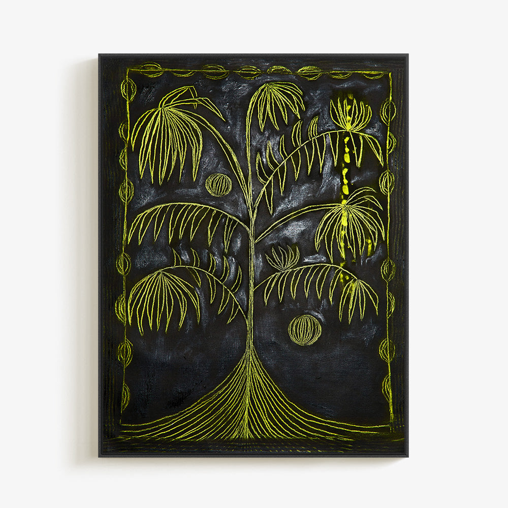 Painting in a black frame depicting a stylized yellow palm-like tree on a dark textured black background