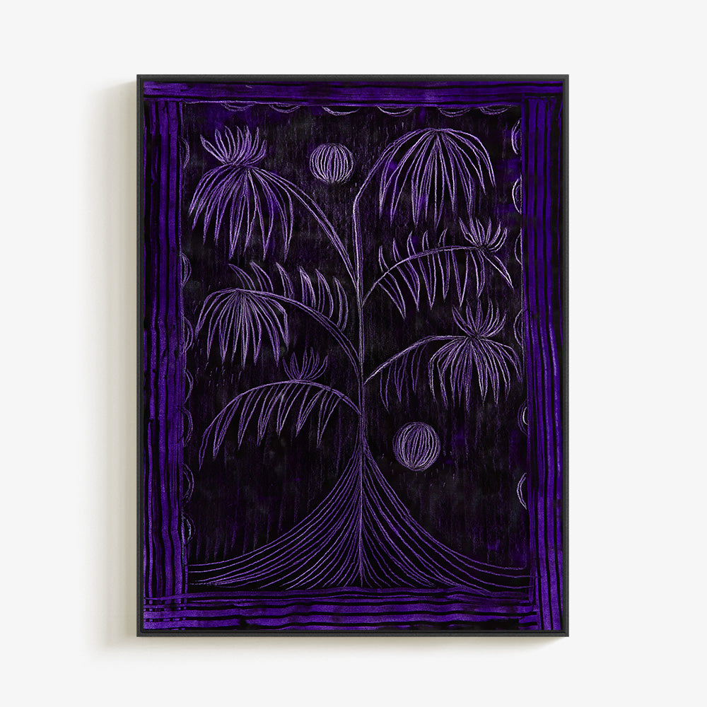 Painting on dark purple background showing a white outlined botanical pattern with circles inside a striped frame