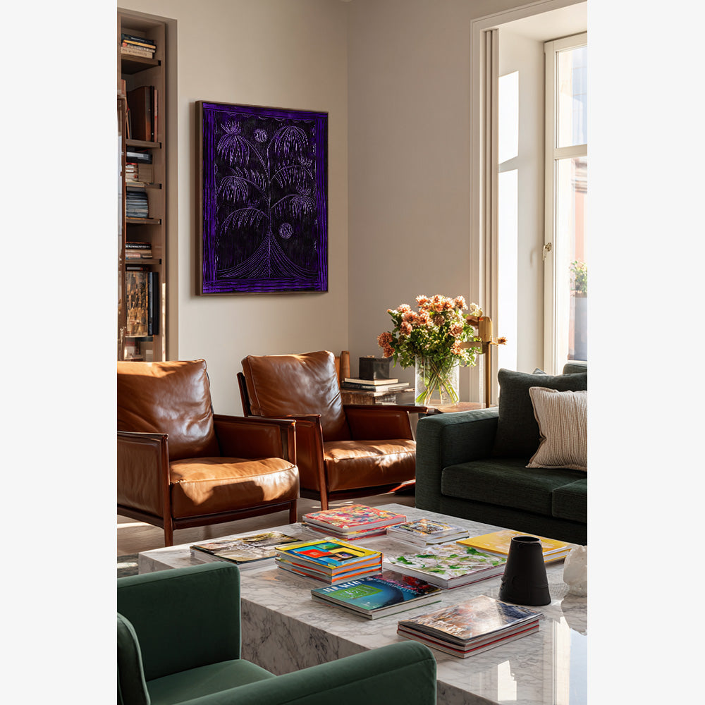 Hannah Carricks Colour Study 6 painting a dark purple tree with thin white lines in a living room