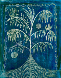 Painting of a white linear tree design with circular accents against a rich layered blue and turquoise background