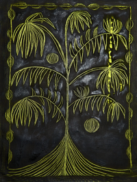 Painting of a yellow linear tree with circular fruit or moon shapes against a moody dark charcoal background