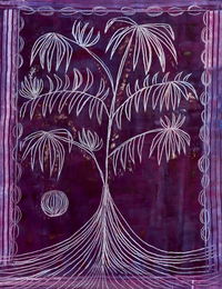 Deep purple painting of a stylized tree with white outlines and round fruit framed by striped geometric borders