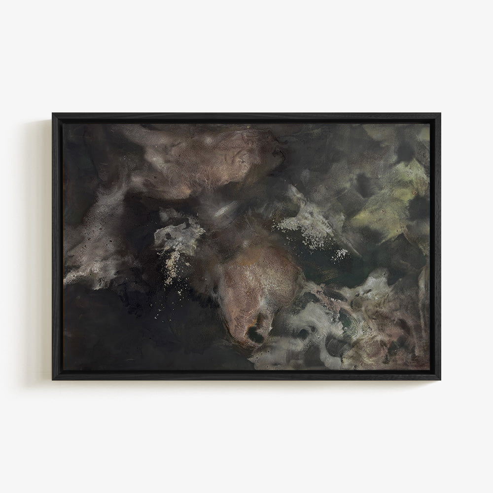 Abstract painting in dark earthy tones with textured layers and muted highlights in a thin black frame