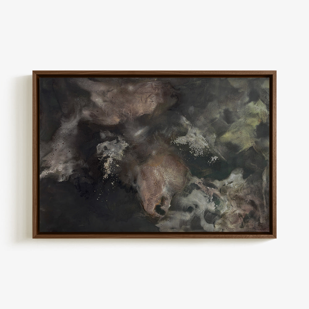 Dark moody abstract painting titled Confluence featuring smoky grey and brown tones in a thin wooden frame