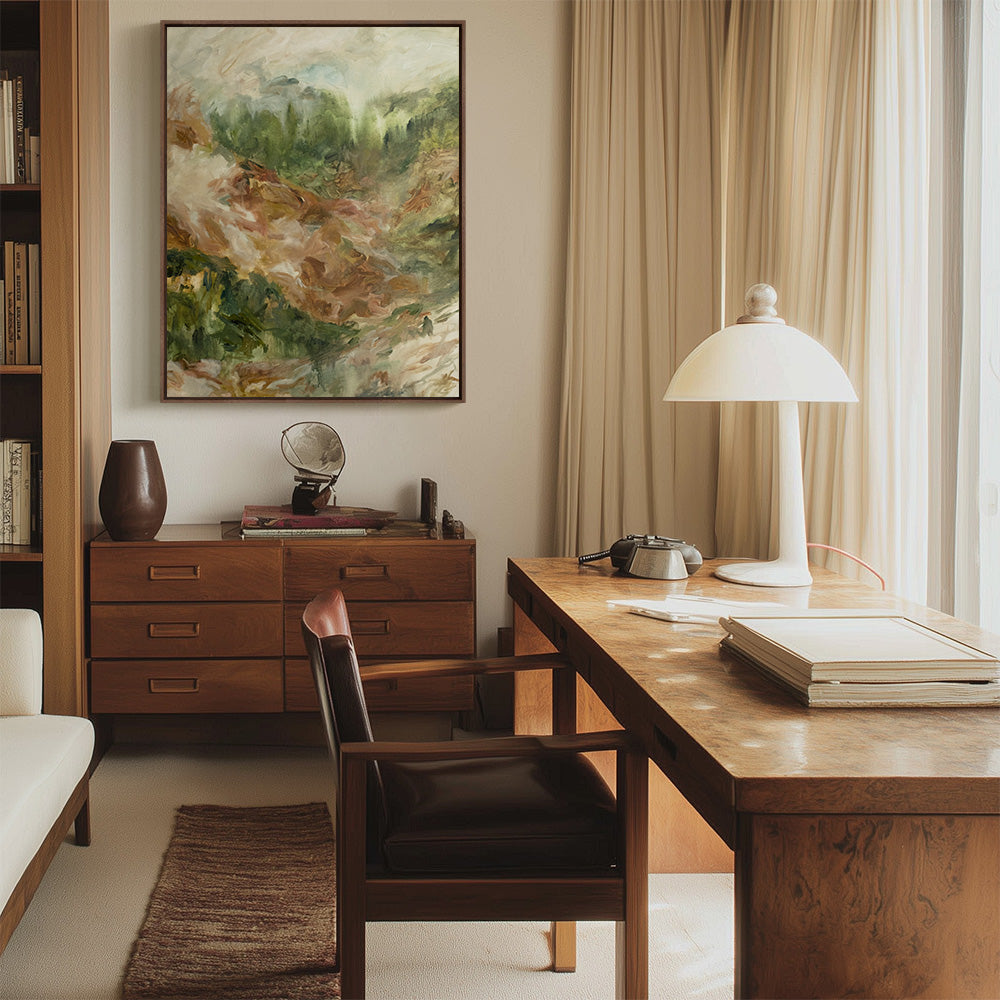 Emily Tingeys abstract painting Country Hillside 01 displayed on a wall in a home office