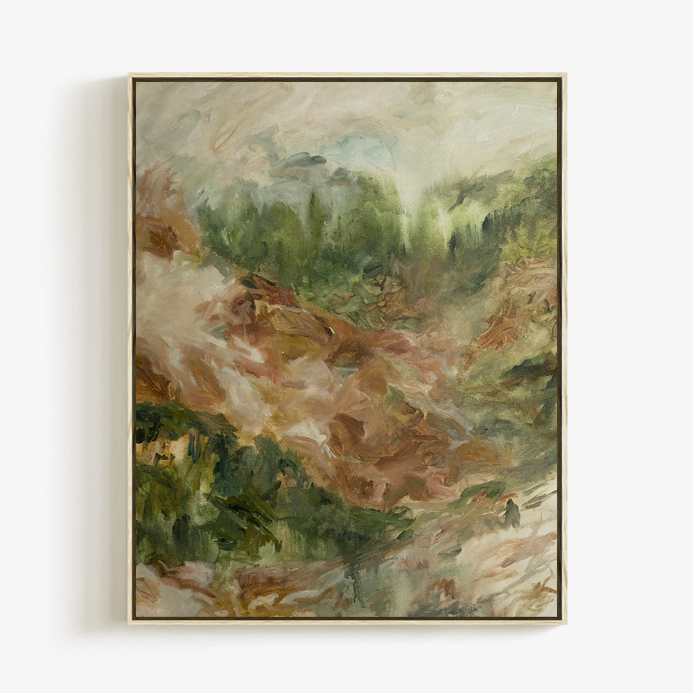 Emily Tingeys Country Hillside 01 abstract painting featuring greens and earthy browns in a thin frame