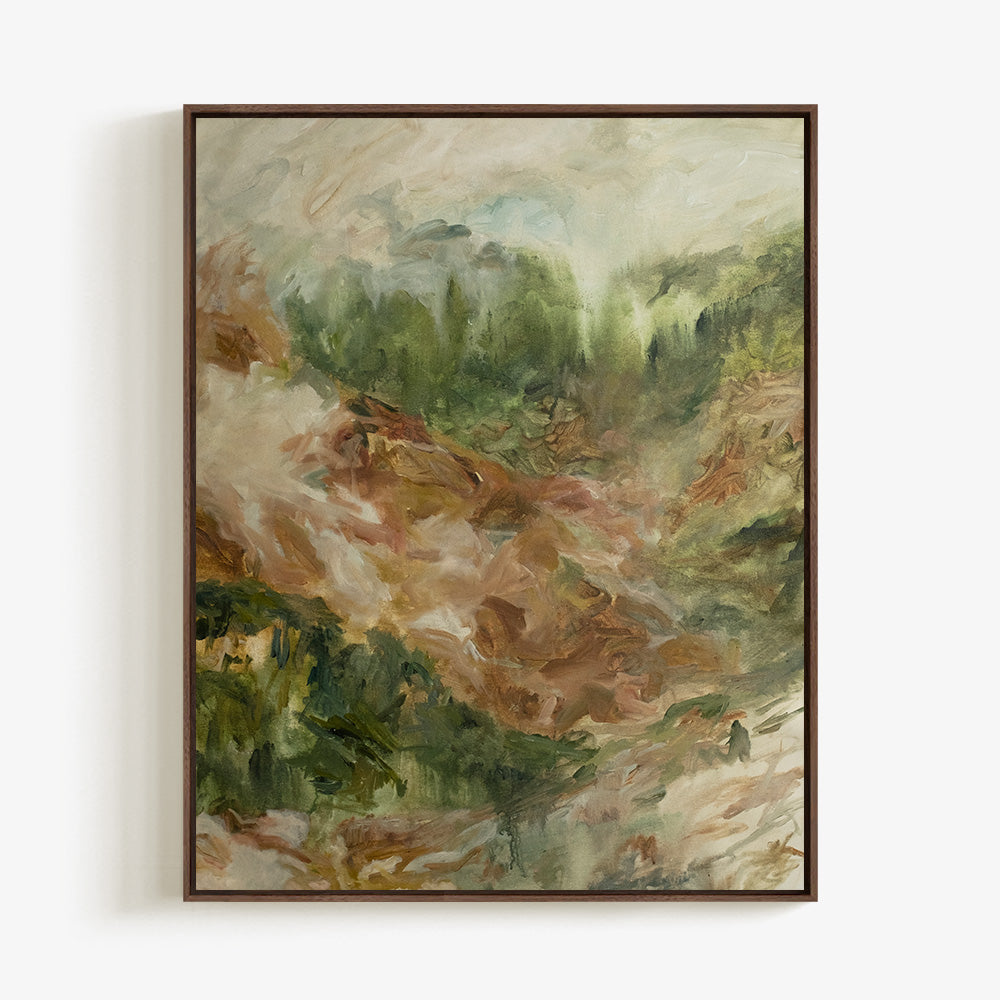 Emily Tingeys Country Hillside 01 abstract painting with greens and earthy browns in a wooden frame